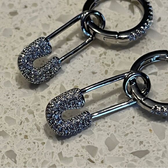 Cubic Zirconia Safety Pin Drop Earrings - Picture 6 of 10